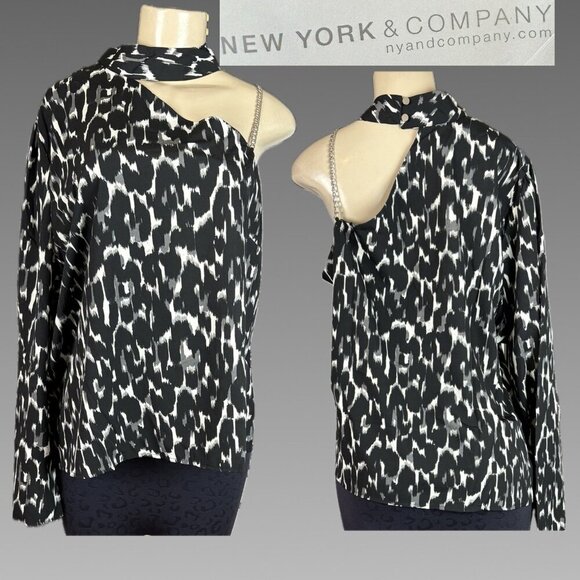 New York & Company XXL Black Animal Print Choker One Shoulder Chain Strap Top - Picture 1 of 6